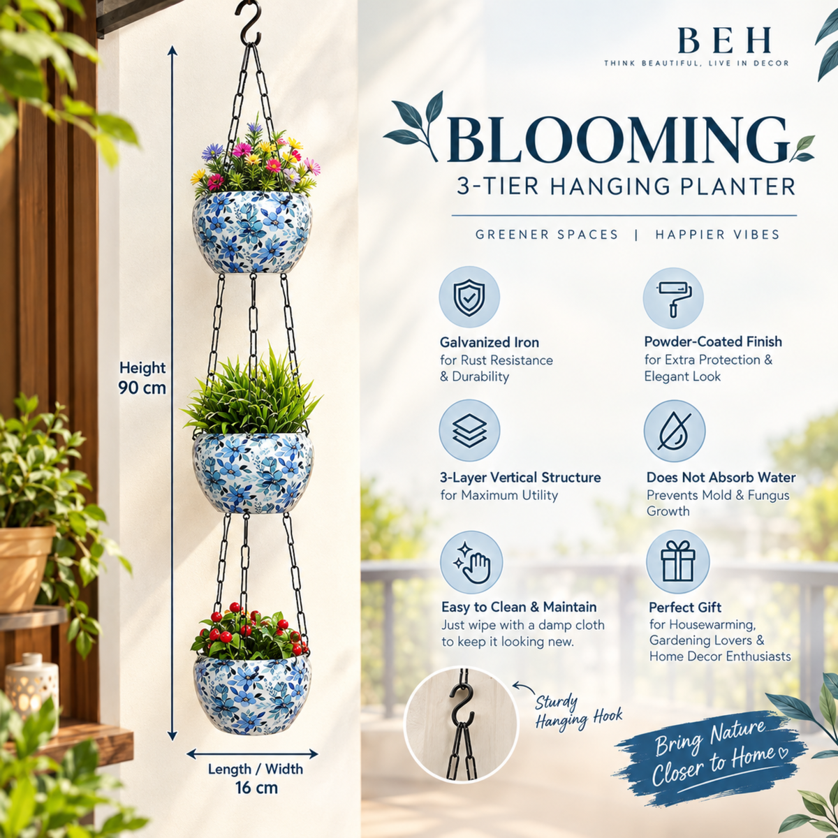 BEH BLOOMING- 3-Layer Metal Hanging Planter for Balcony & Home Gardening