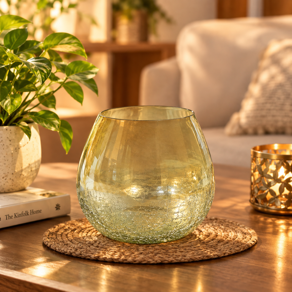 BEH- Gold Crackle Glass Tea Light Holder