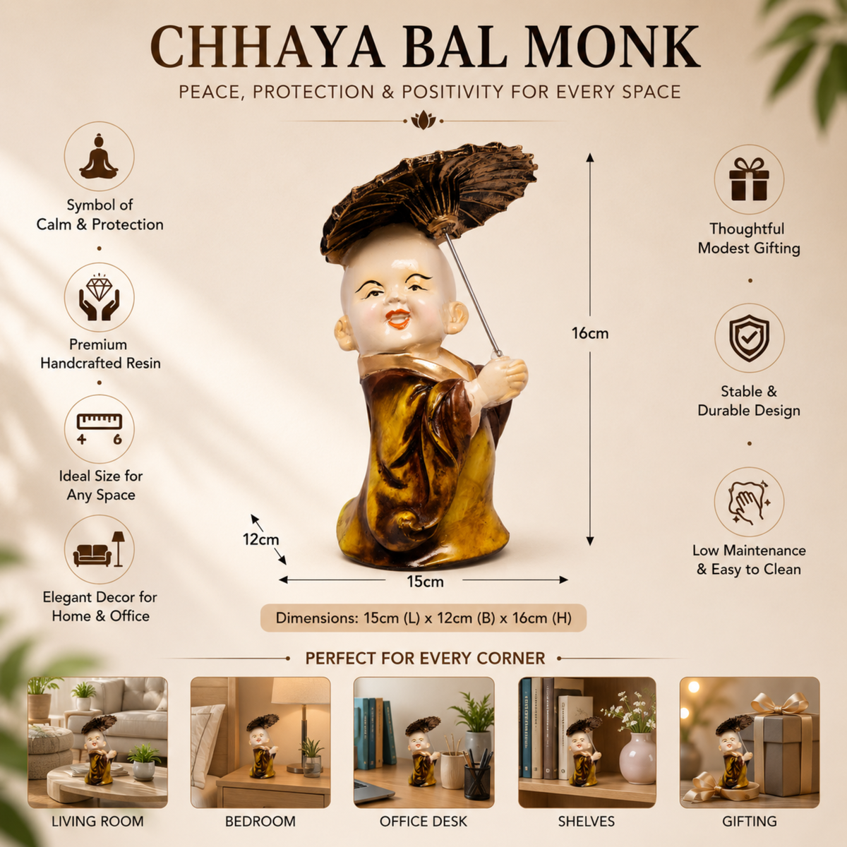 BEH- CHHAYA BAL MONK- Playful Happy Baby Monk Idols for Table & Shelf Decor