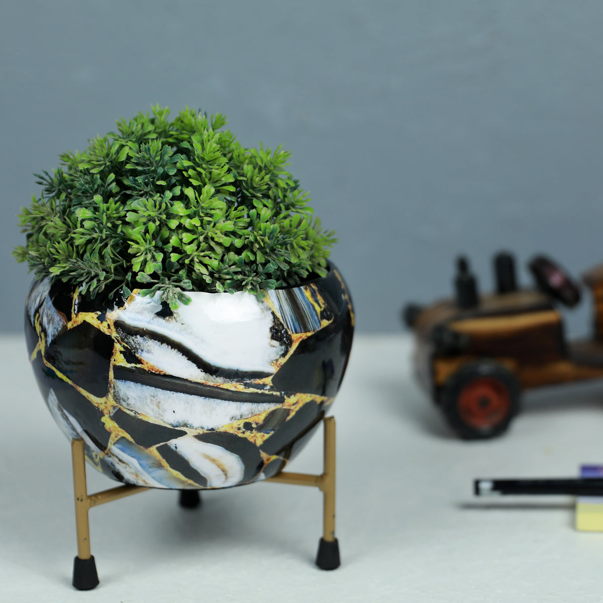 BEH- Black Marble-Tabletop Planter with Stand for Indoor Plants