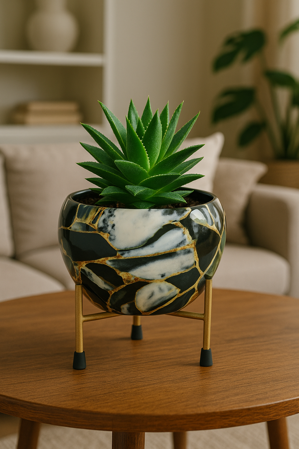 BEH- Black Marble-Tabletop Planter with Stand for Indoor Plants