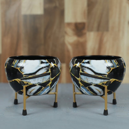 BEH- Black Marble-Tabletop Planter with Stand for Indoor Plants