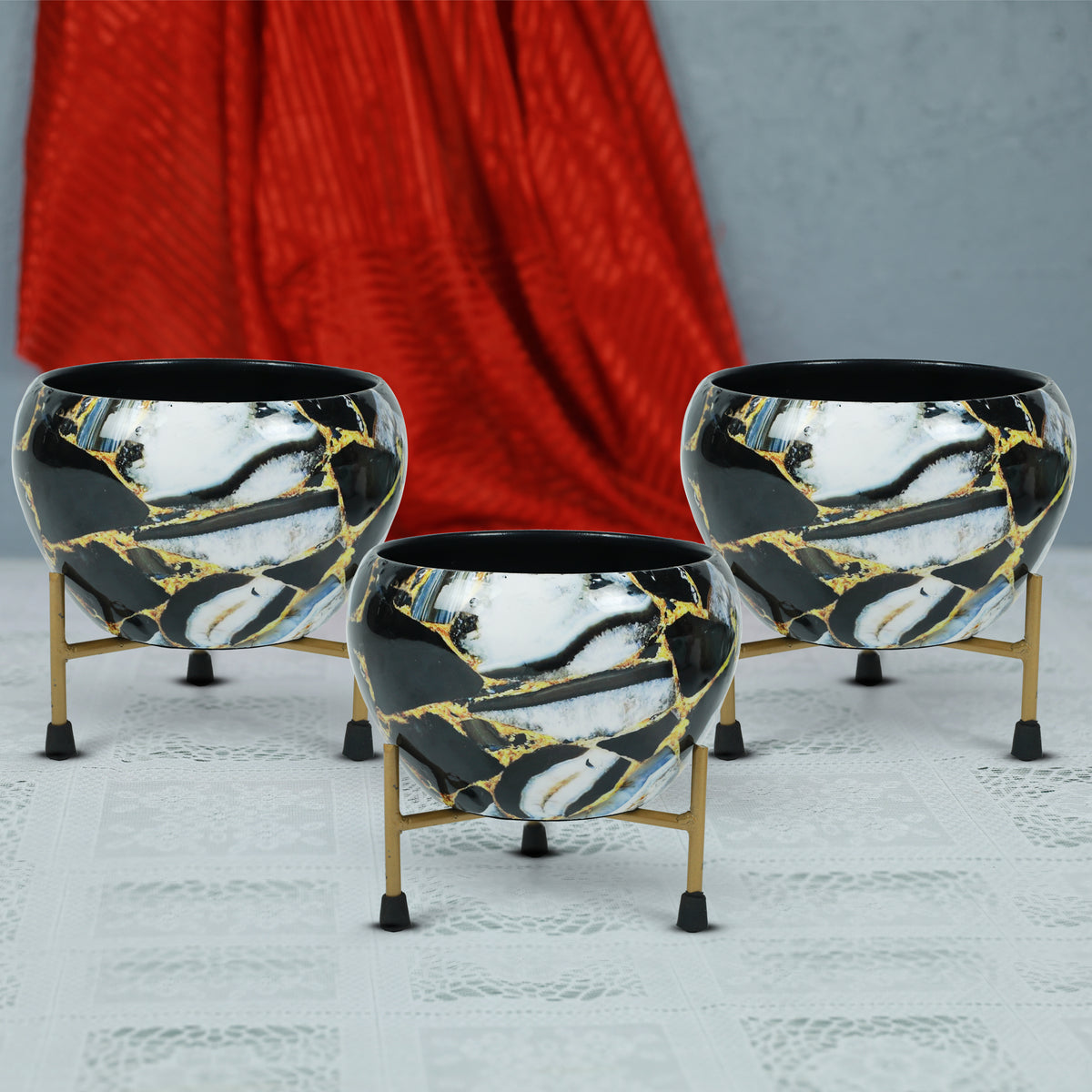 BEH- Black Marble-Tabletop Planter with Stand for Indoor Plants