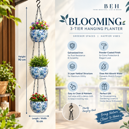 BEH BLOOMING- 3-Layer Metal Hanging Planter for Balcony & Home Gardening