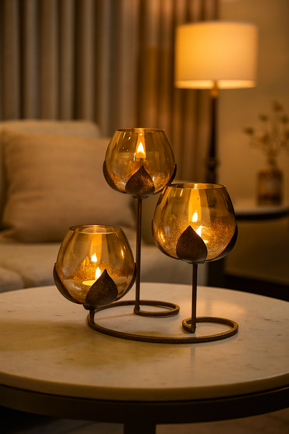 BEH 3pc Glass Candle Holder| Tealight holder for Table Decoration| Beautiful Centerpiece| Versatile Home Decor| Ideal Gifting Choice