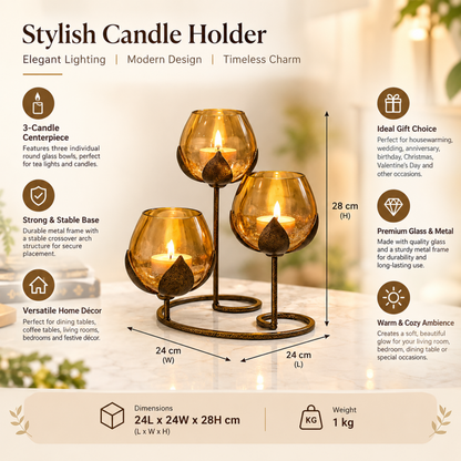BEH 3pc Glass Candle Holder| Tealight holder for Table Decoration| Beautiful Centerpiece| Versatile Home Decor| Ideal Gifting Choice