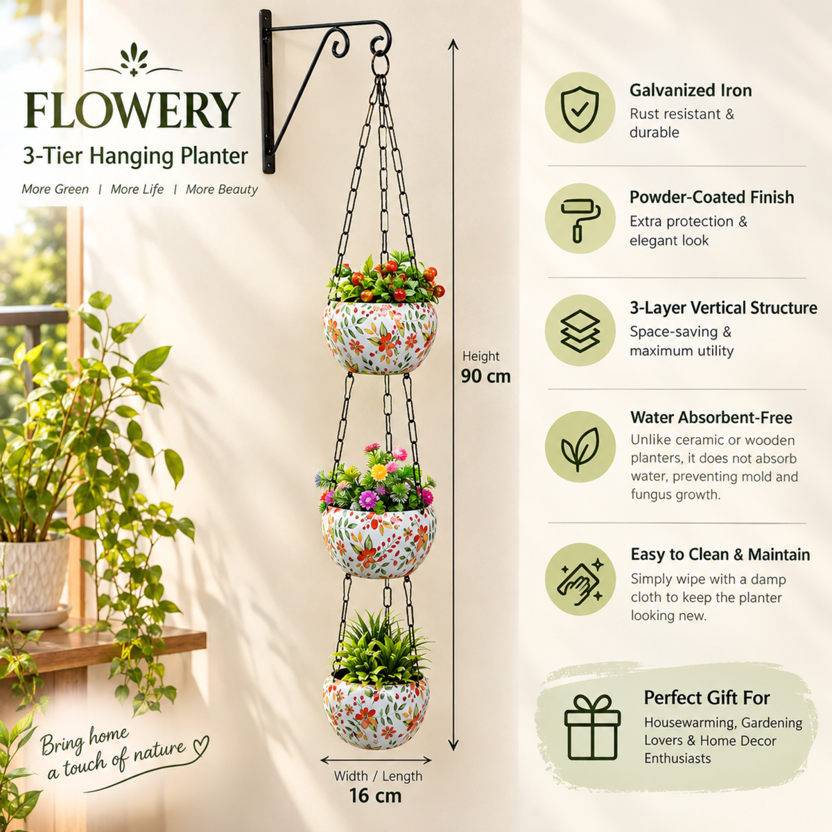 BEH FLOWERY- 3-Layer Metal Hanging Planter for Balcony & Home Gardening