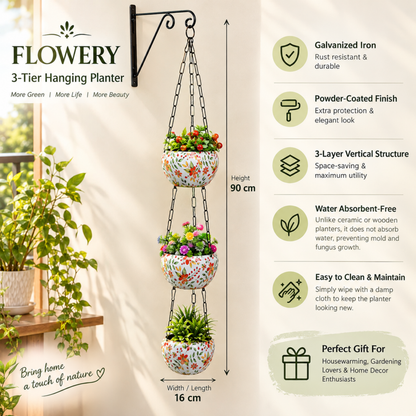 BEH FLOWERY- 3-Layer Metal Hanging Planter for Balcony & Home Gardening