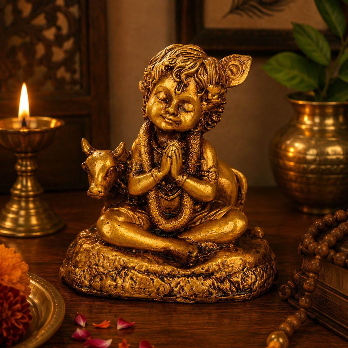 GOPALA- Bal Krishna & Cow Idol for Car Dashboard, Table, Shelf & Mandir.