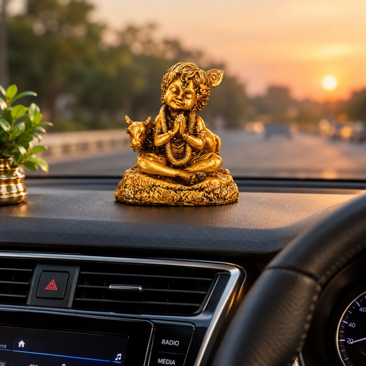 GOPALA- Bal Krishna & Cow Idol for Car Dashboard, Table, Shelf & Mandir.