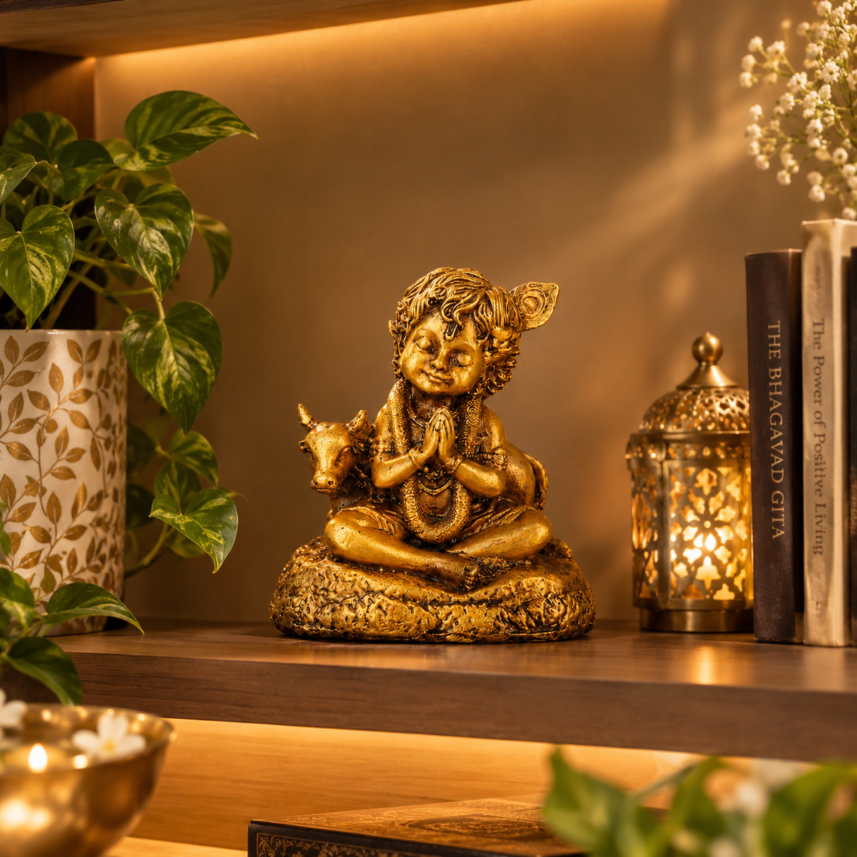 GOPALA- Bal Krishna & Cow Idol for Car Dashboard, Table, Shelf & Mandir.