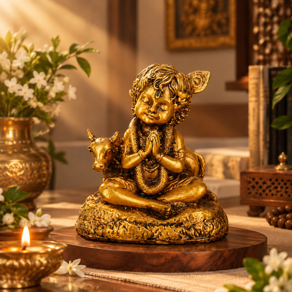 GOPALA- Bal Krishna & Cow Idol for Car Dashboard, Table, Shelf & Mandir.