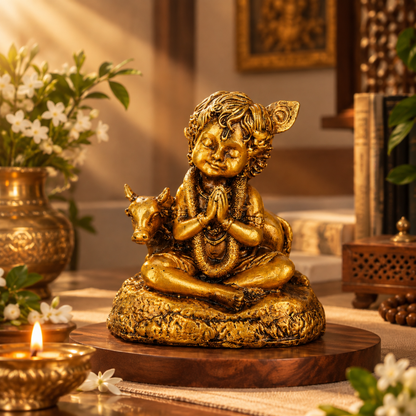 GOPALA- Bal Krishna & Cow Idol for Car Dashboard, Table, Shelf & Mandir.