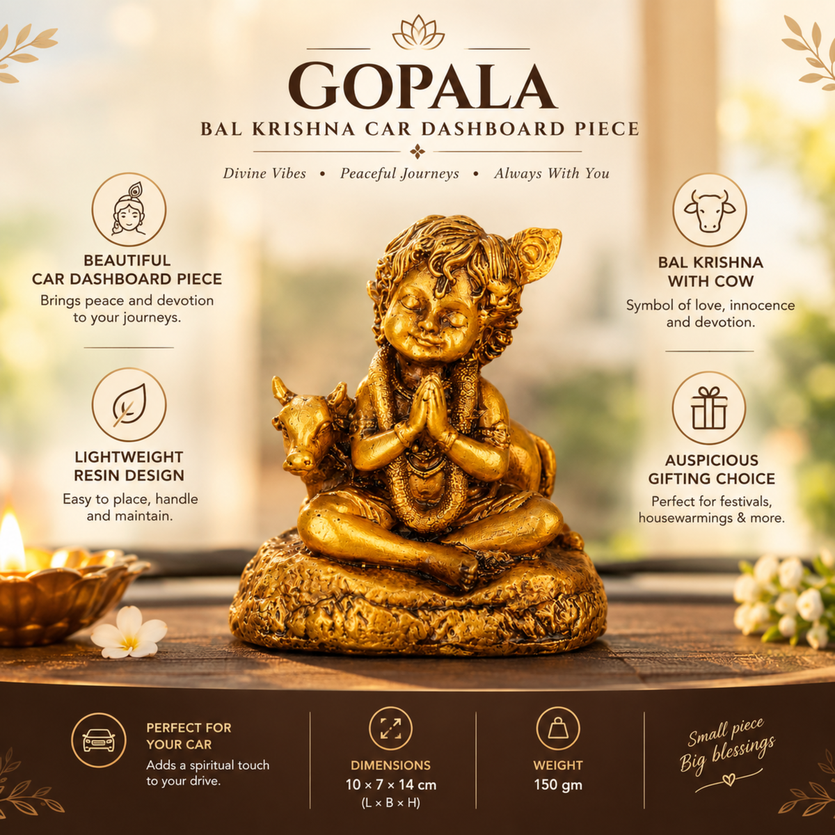 GOPALA- Bal Krishna & Cow Idol for Car Dashboard, Table, Shelf & Mandir.