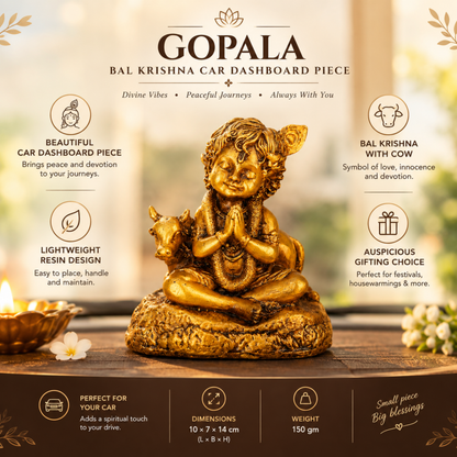 GOPALA- Bal Krishna & Cow Idol for Car Dashboard, Table, Shelf & Mandir.