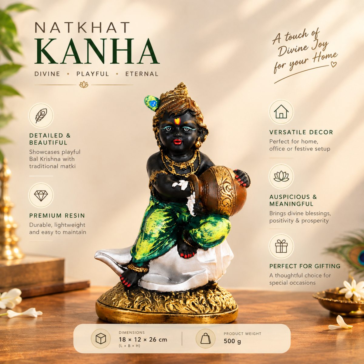 Natkhat Kanha– Decorative Krishna Idol Showpiece for Living Space, Mandir & Gifting