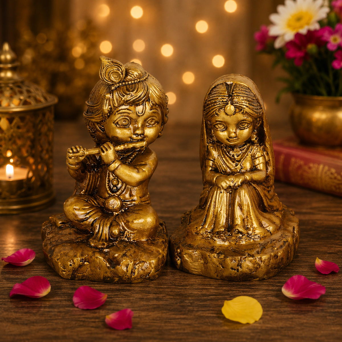 PREM RAS- Gold Radha Krishna Idol for Car Dashboard, Table & Shelf.