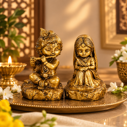 PREM RAS- Gold Radha Krishna Idol for Car Dashboard, Table & Shelf.