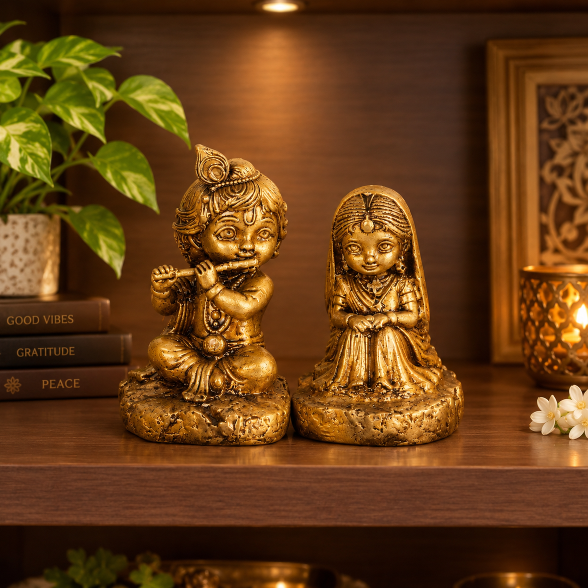 PREM RAS- Gold Radha Krishna Idol for Car Dashboard, Table & Shelf.