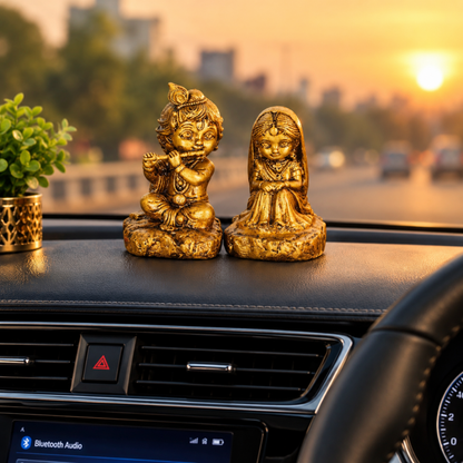PREM RAS- Gold Radha Krishna Idol for Car Dashboard, Table & Shelf.
