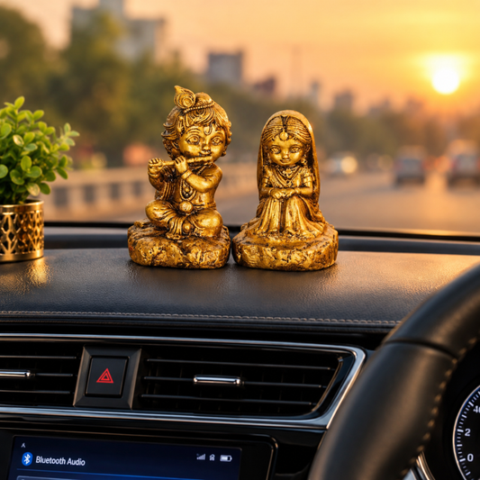 PREM RAS- Gold Radha Krishna Idol for Car Dashboard, Table & Shelf.