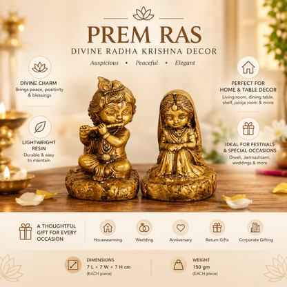 PREM RAS- Gold Radha Krishna Idol for Car Dashboard, Table & Shelf.