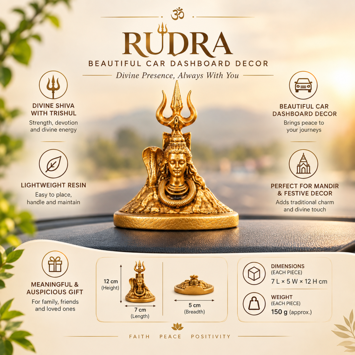 RUDRA- Gold Mahadev Idol for Car Dashboard, Table, Mandir & Shelf.