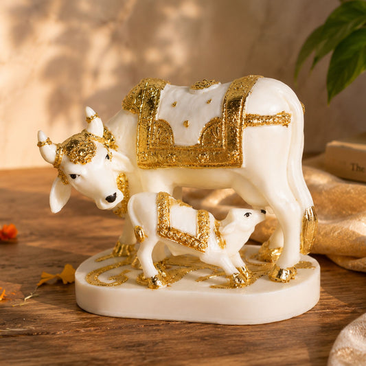 BEH- SHREE GAU- Sacred Cow & Calf Showpiece for Home, Mandir & Table Decor