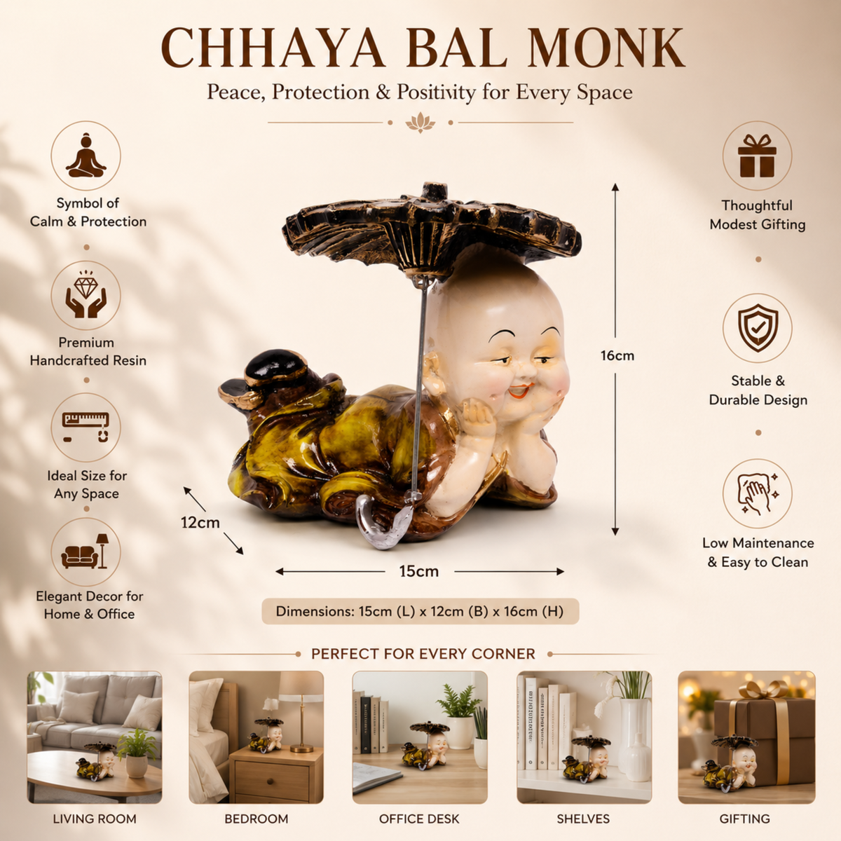 BEH- CHHAYA BAL MONK- Playful Happy Baby Monk Idols for Table & Shelf Decor