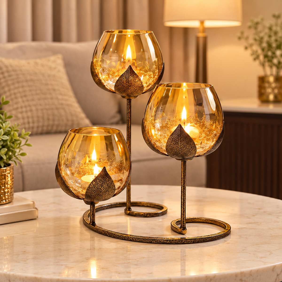 Three amber glass candle holders with leaf-shaped metal accents on a round marble table in a warmly lit living room setting.