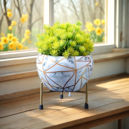 BEH- White Marble-Tabletop Planter with Stand for Indoor Plants