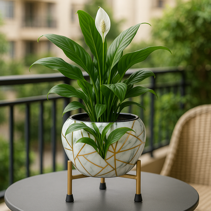 BEH- White Marble-Tabletop Planter with Stand for Indoor Plants