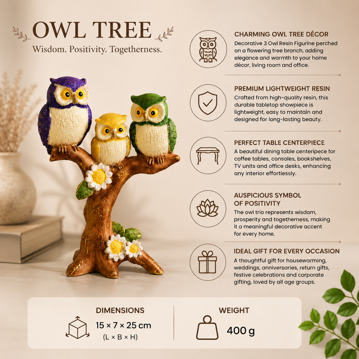 BEH-OWL TREE- Decorative Owl Figurine for Table & Shelf Centerpiece